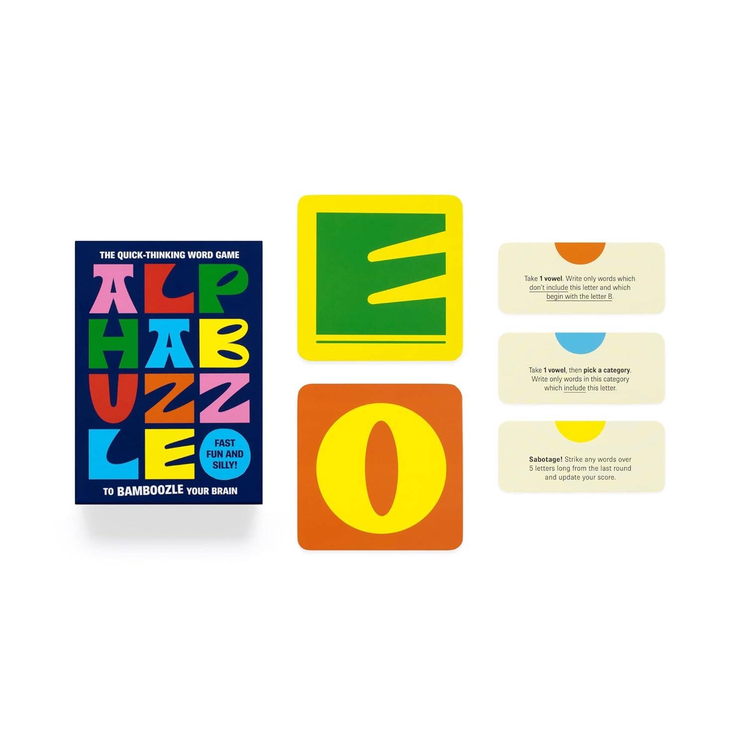 Alphabuzzle box, letter cards E and O, and three instruction cards displayed.