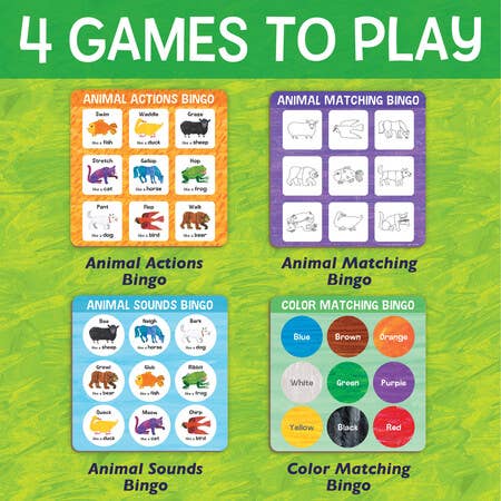 Eric Carle Brown Bear Animal Bingo with 4 bingo cards: Animal Actions, Matching, Sounds, and Color Match.