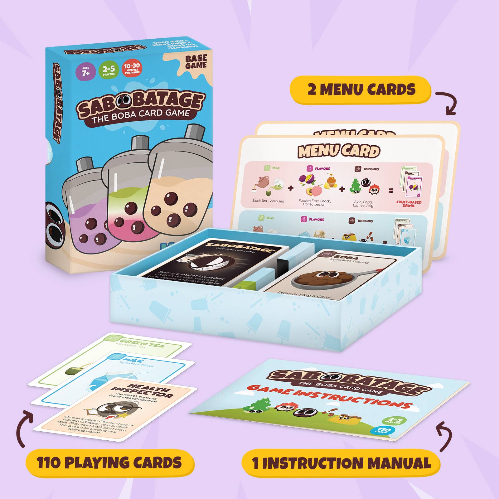 Sabobatage 3rd Edition box, game cards, menu cards, and instructions shown together.
