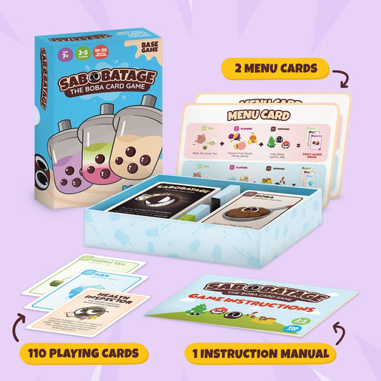 Sabobatage 3rd Edition box, game cards, menu cards, and instructions shown together.
