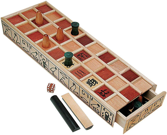 Wood Senet Game set with board, playing pieces, dice, and drawer displaying Egyptian symbols.
