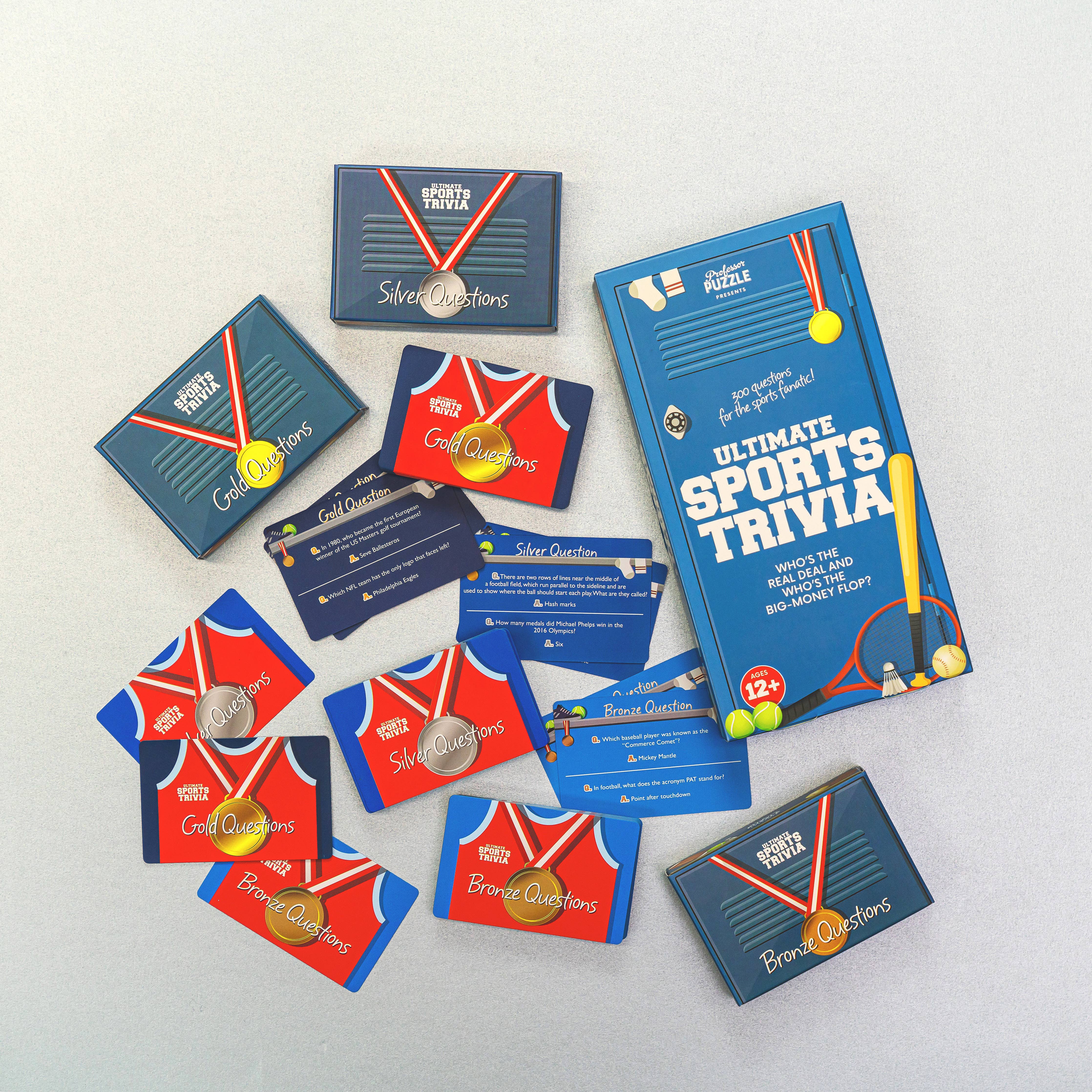 Ultimate Sports Trivia box set with Gold, Silver, and Bronze trivia question decks.