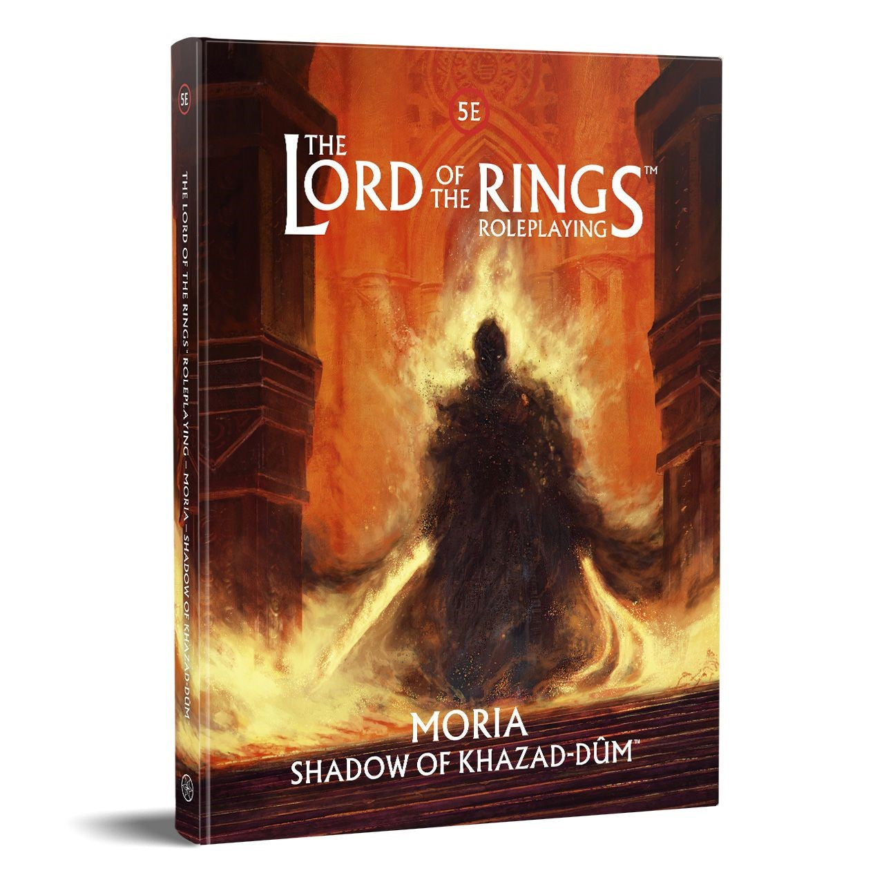 The Lord of the Rings RPG: Moria – Shadow of Khazad-dum (5E) cover showing a fiery, shadowy figure in a grand doorway.