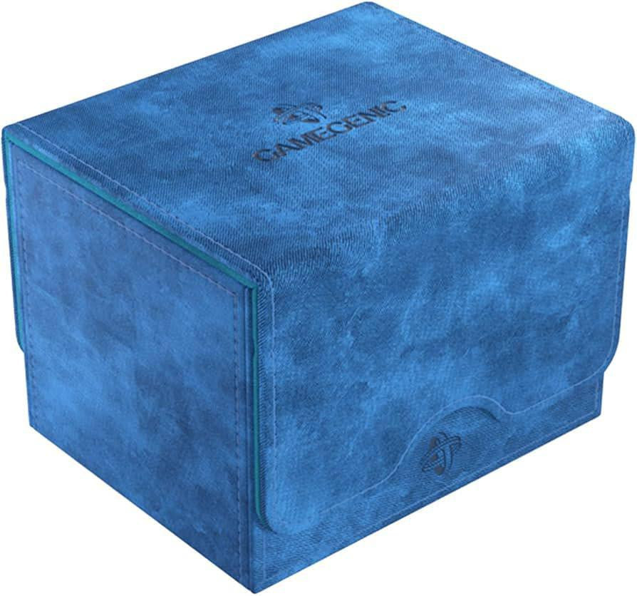 Blue textured Gamegenic Sidekick 100+XL card box for double-sleeved cards with flap closure and logo.