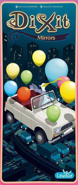 Dixit Mirrors Expansion game showing a white car with colorful balloons driving on a night road above a city.