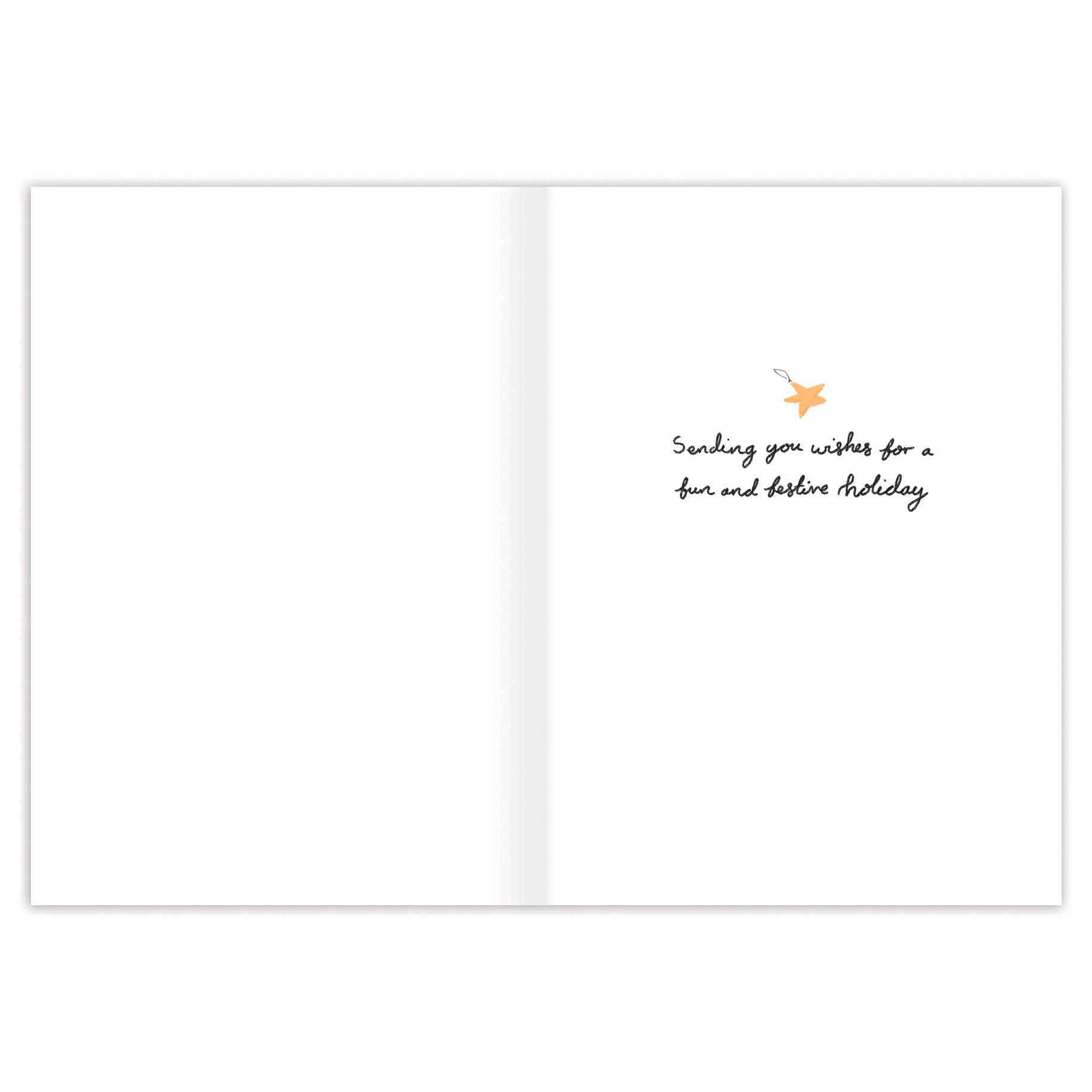 Open holiday card with playful cats, gold foil accents, and text: “Sending you wishes for a fun and festive holiday.”.