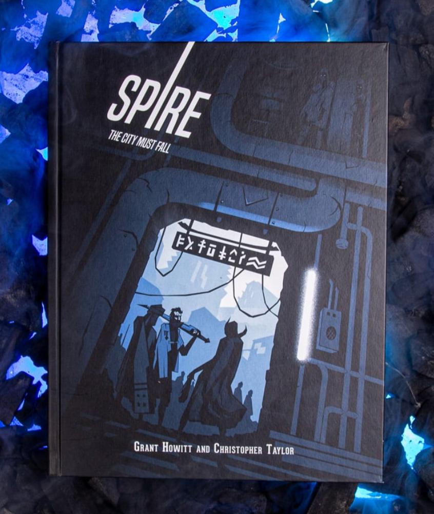 Spire Core Rulebook 5th Anniversary edition cover for the dark elf RPG, featuring shadowy figures under pipes and neon.