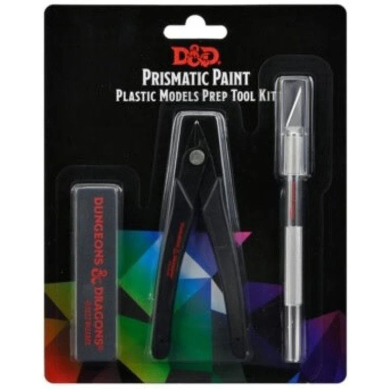 Dungeons & Dragons Prismatic Paints Prep Tool Kit with sprue cutter, file, and hobby knife in plastic packaging.