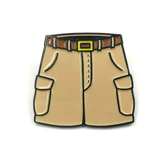 Cartoon-style enamel pin of cargo shorts with pockets and belt.