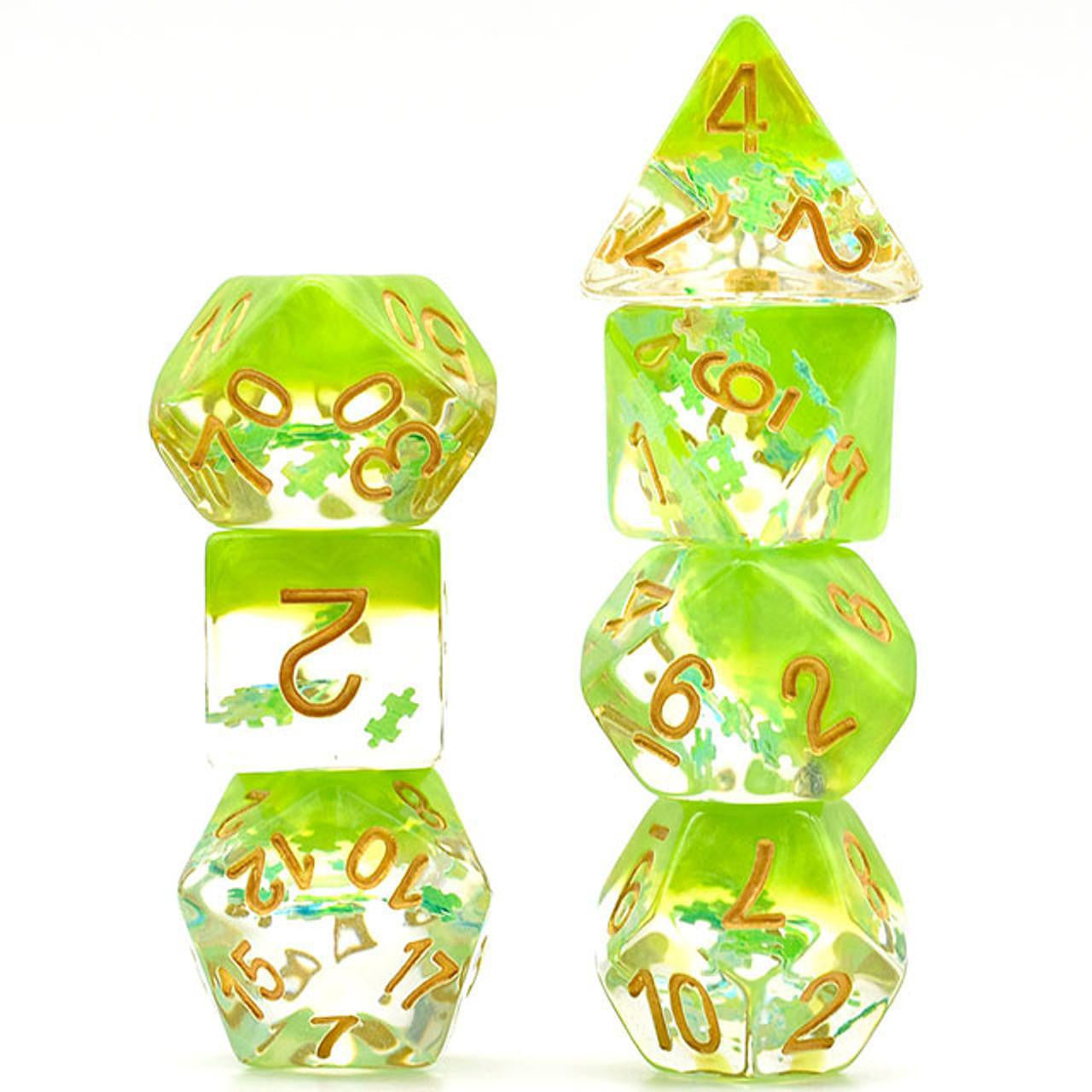 Green Dreamlike RPG Dice Set with green and yellow translucent dice and gold numbers, stacked in two columns.