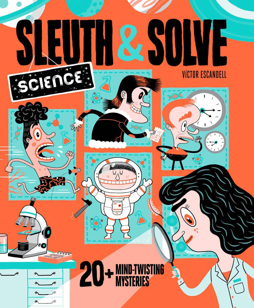Sleuth & Solve: Science STEM puzzle book featuring cartoon detectives, astronaut, and science icons on the cover.
