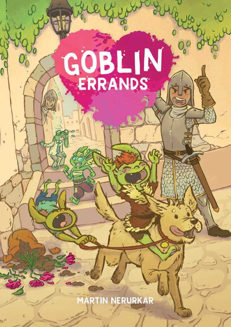 Three goblins riding a large dog past a surprised knight, themed for Goblin Errands tabletop RPG.