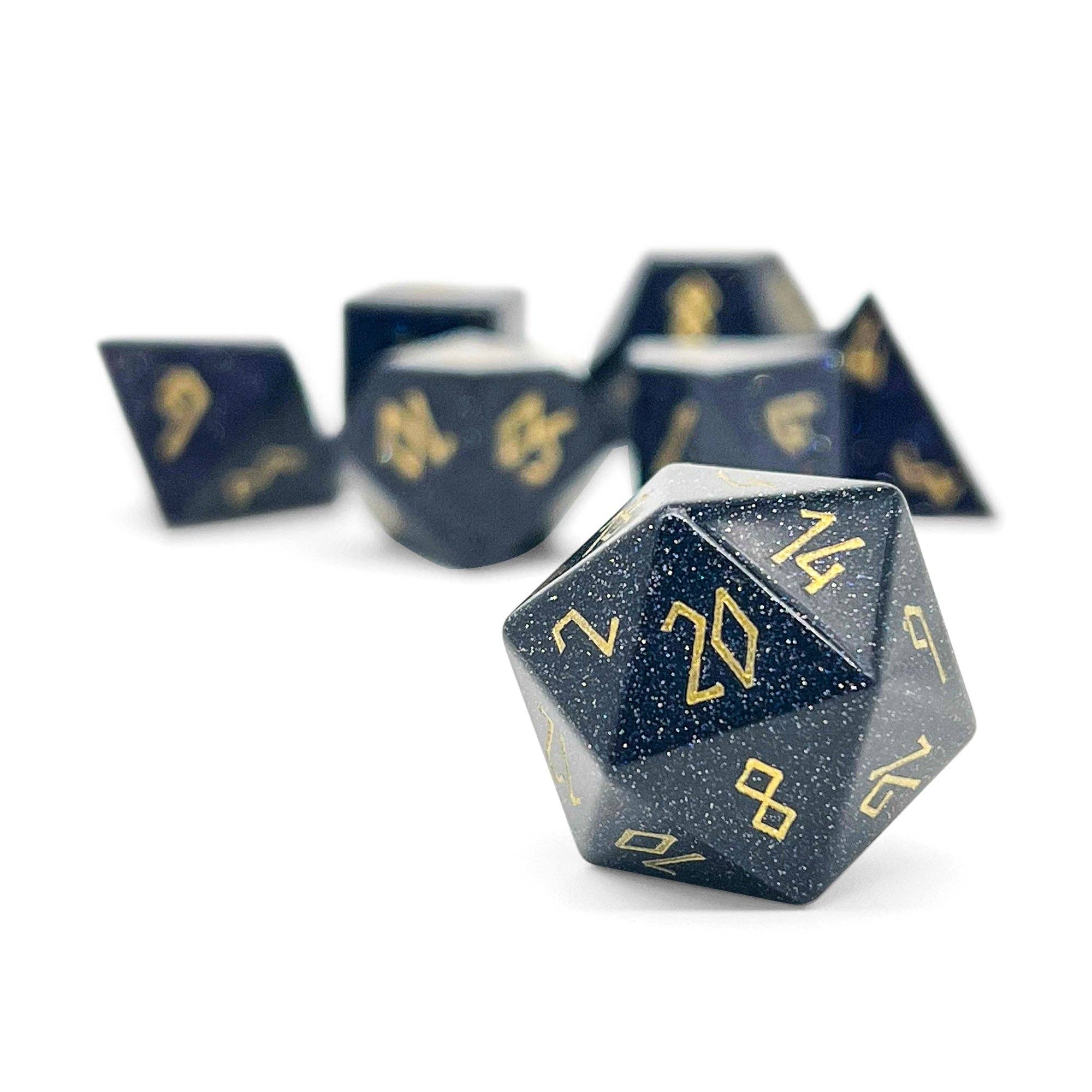 Blue Sandstone 7-piece RPG gemstone dice set, dark blue polyhedral dice with gold numbers, includes sharp-edged d20.