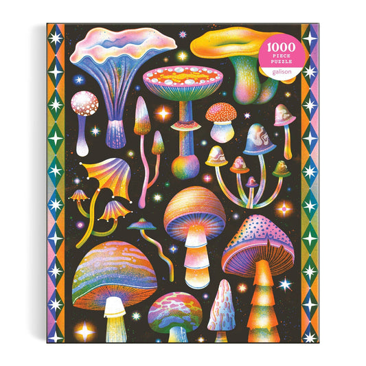 Cosmic Mushrooms 1000 Piece Puzzle with colorful mushrooms on a black, starry background.