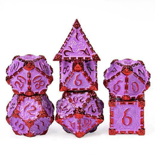 Daggers of Venom: Fairie Purple RPG metal dice, four stacks including D20s, D6s, and one house-shaped die.
