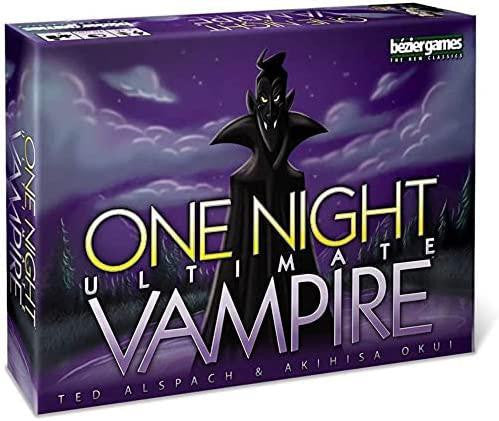 One Night: Ultimate Vampire game box featuring a vampire silhouette against a cloudy purple night sky.