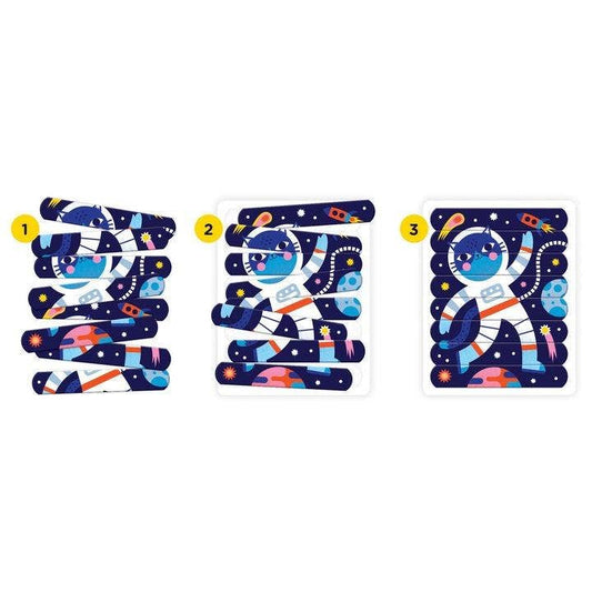 I Can Be...ANYTHING Puzzle Sticks being assembled in three steps to create a blue astronaut with stars.