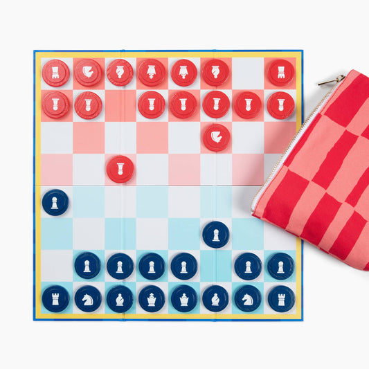 Canvas Classics Chess & Checkers set with pastel board, red and blue pieces, and zippered canvas pouch.