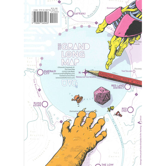 Ultraviolet Grasslands 2E Grand Long Map showing illustrated fantasy road trip, yellow hand, dice, and costumed figure.