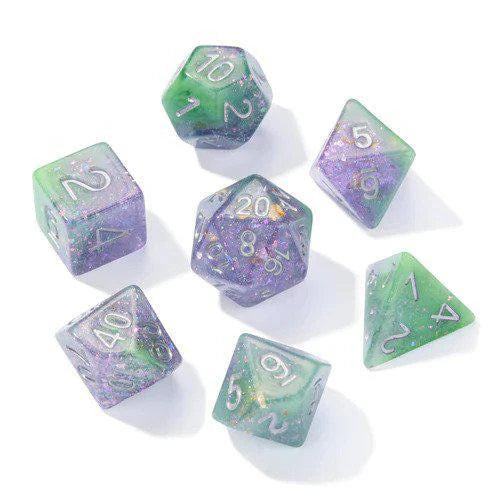 Green & Purple Seabed Treasure Dice Set with seven glitter resin dice for tabletop games.