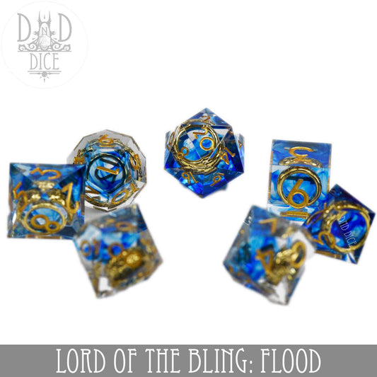 Lord of the Bling: Flood, set of six handmade blue resin DND dice with gold numbers and ring accents.