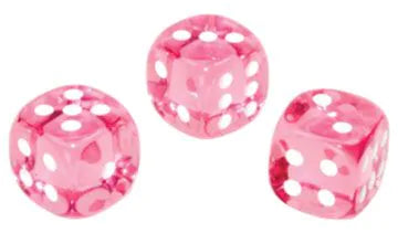 Three pink translucent 12mm Chessex d6 dice with white pips.