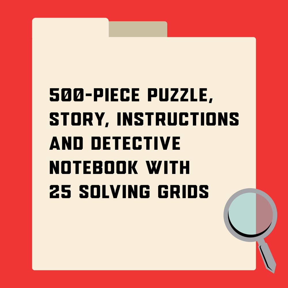 Murdle in the Mystery Mansion 500-piece jigsaw puzzle contents with a folder icon and magnifying glass.