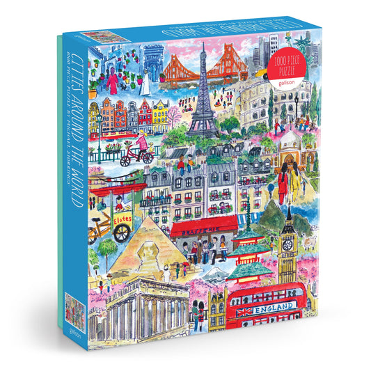 Michael Storrings Cities Around the World 1000 Piece Puzzle with illustrated landmarks and city scenes.