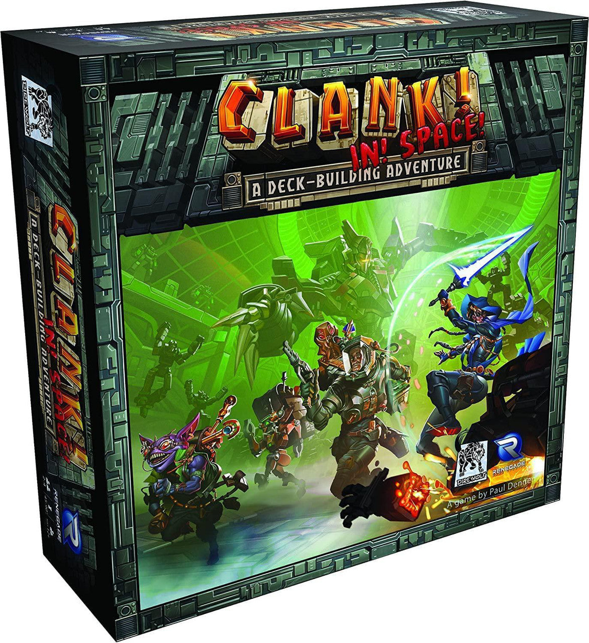 Clank In Space board game box featuring sci-fi heroes and robots in a green-lit scene.