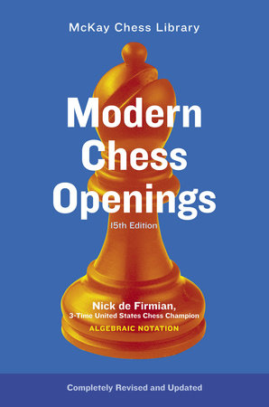 Modern Chess Openings, 15th Edition book cover featuring a golden pawn and blue and white text.