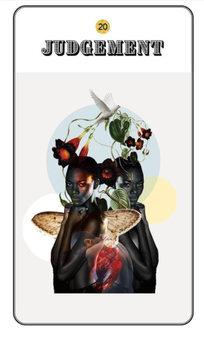 Gold Lyre Tarot Judgement card featuring two women, flowers, a dove, butterfly, and heart.