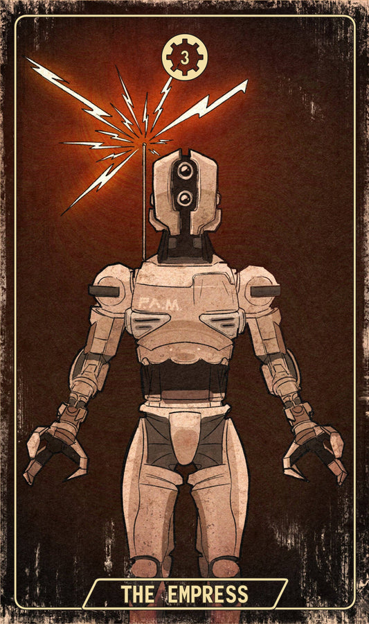 The Empress card (3) from Fallout: The Official Tarot Deck and Guidebook, featuring the robot PAM.