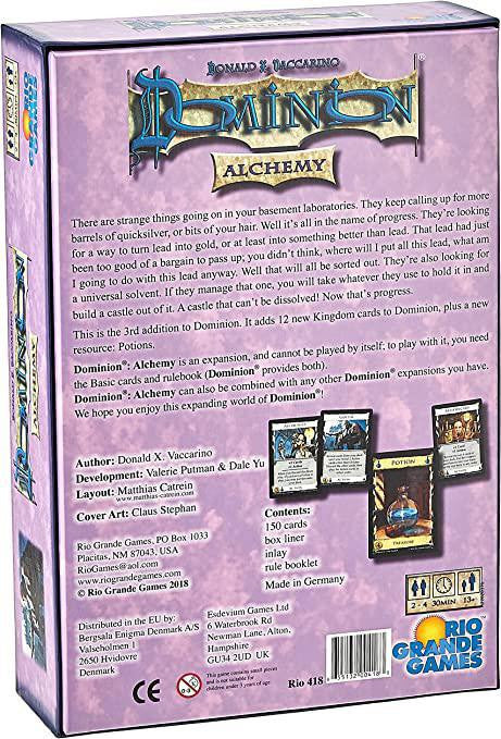 Dominion Alchemy box back showing expansion details, game components, and publisher information.