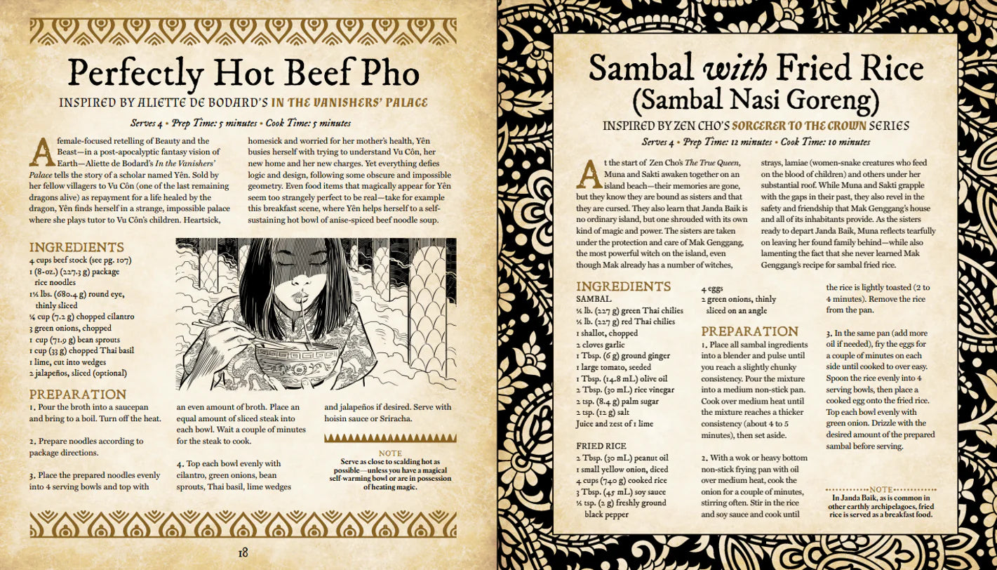 Cooking for Wizards, Warriors, Dragons book open to Beef Pho, Sambal Fried Rice recipes, and a woman eating illustration.