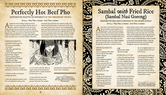 Cooking for Wizards, Warriors, Dragons book open to Beef Pho, Sambal Fried Rice recipes, and a woman eating illustration.