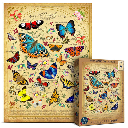 Eternal Butterflies of The Spotless Mind 500 Piece Puzzle with labeled butterfly species and floral art box.
