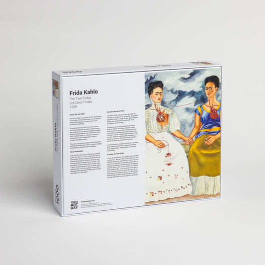 Back of the Puzzles Frida Kahlo Two Fridas box showing art and bilingual English/French explanatory text.