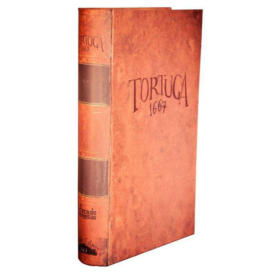 Tortuga 1667 brown hardcover book designed to resemble a vintage pirate board game with a weathered appearance.