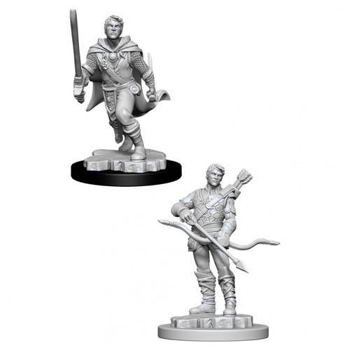 Two unpainted plastic D&D NMU Male Human Ranger W11 miniatures: one with bow/arrows, one with sword/shield.