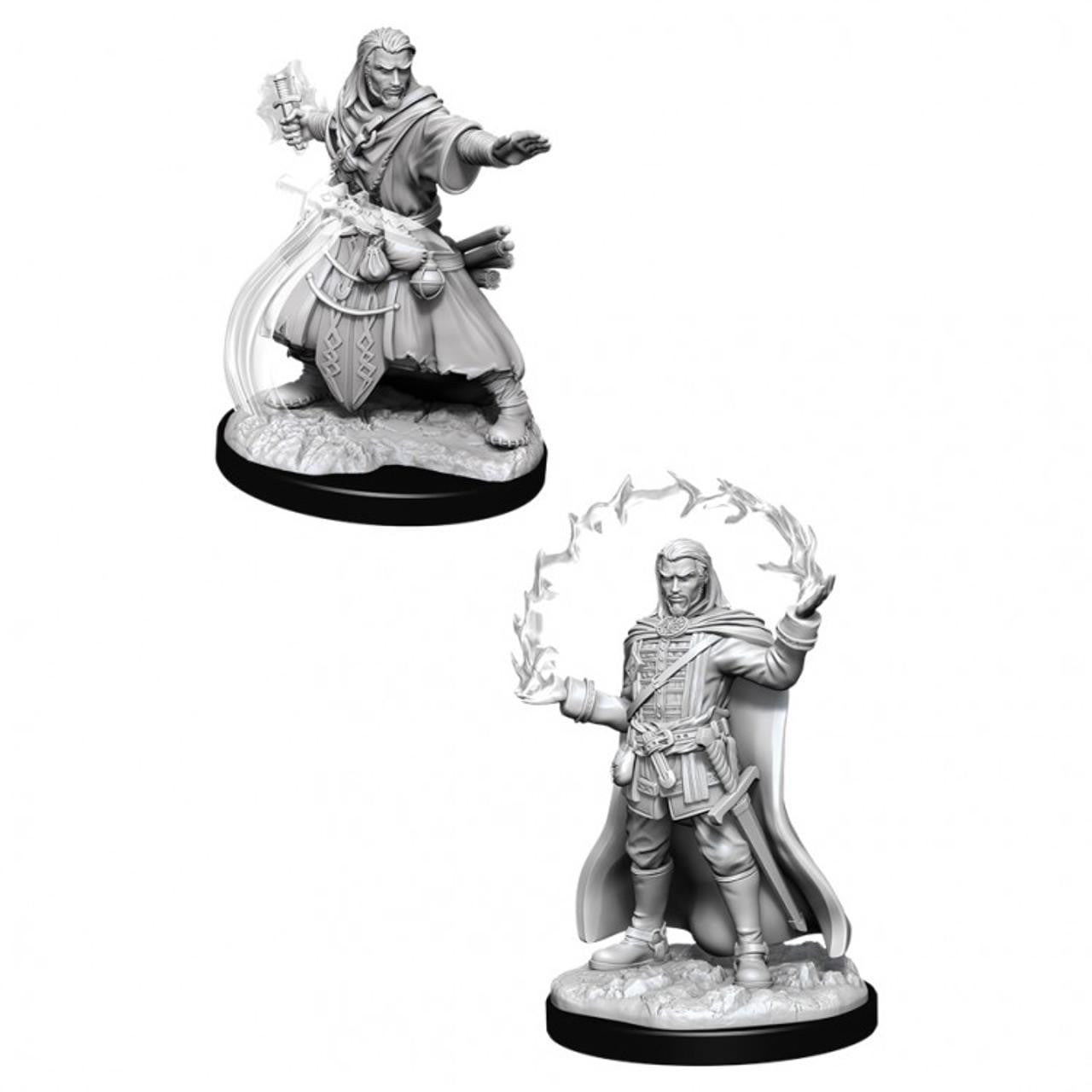 Two unpainted D&D NMU Male Human Wizard W11 miniatures in spellcasting poses with round bases.