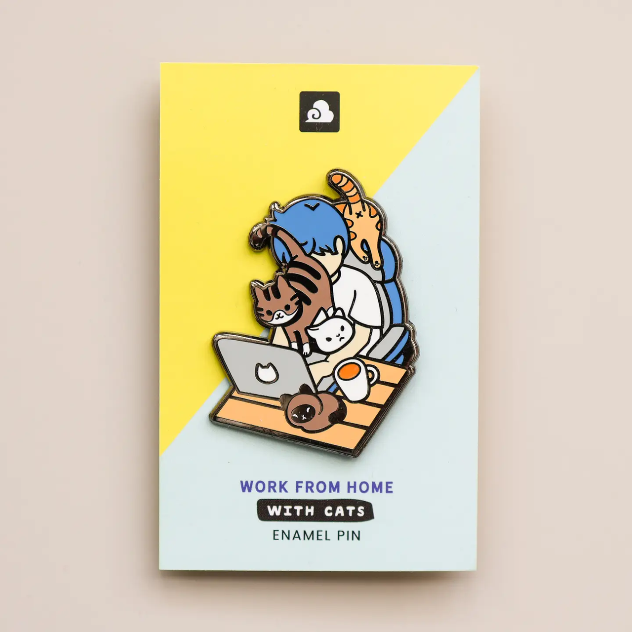 Work From Home with Cats Enamel Pin showing a person at a laptop with four cats.