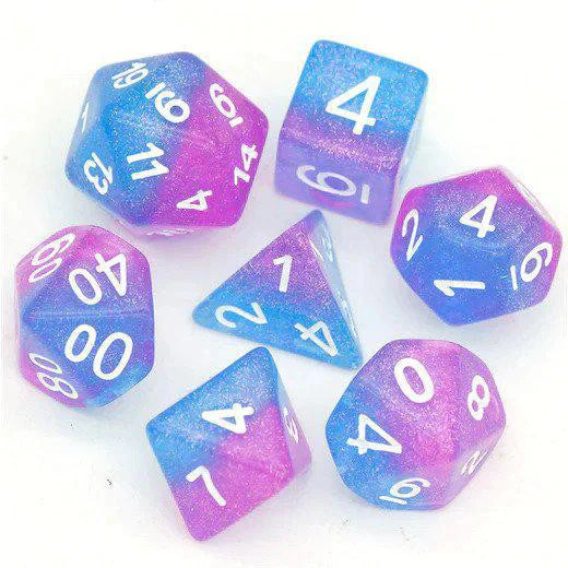 Blue Raspberry Sorbet RPG Dice Set with seven pink and blue gradient dice featuring white numbers for D&D.