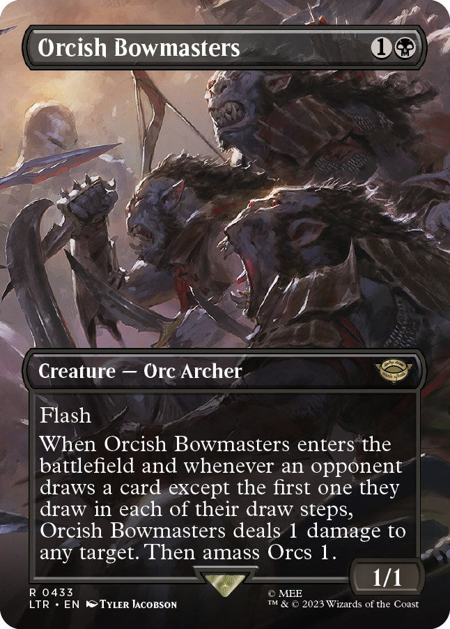 Orcish Bowmasters (Borderless) [LTR-433] Magic: The Gathering card featuring three bow-wielding orcs.