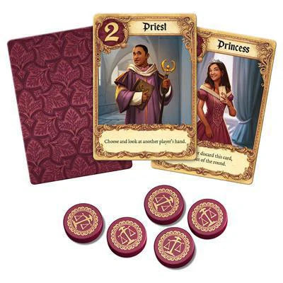 Love Letter (New Edition, Bag) game with tokens, cards, and character roles including Priest and Princess.