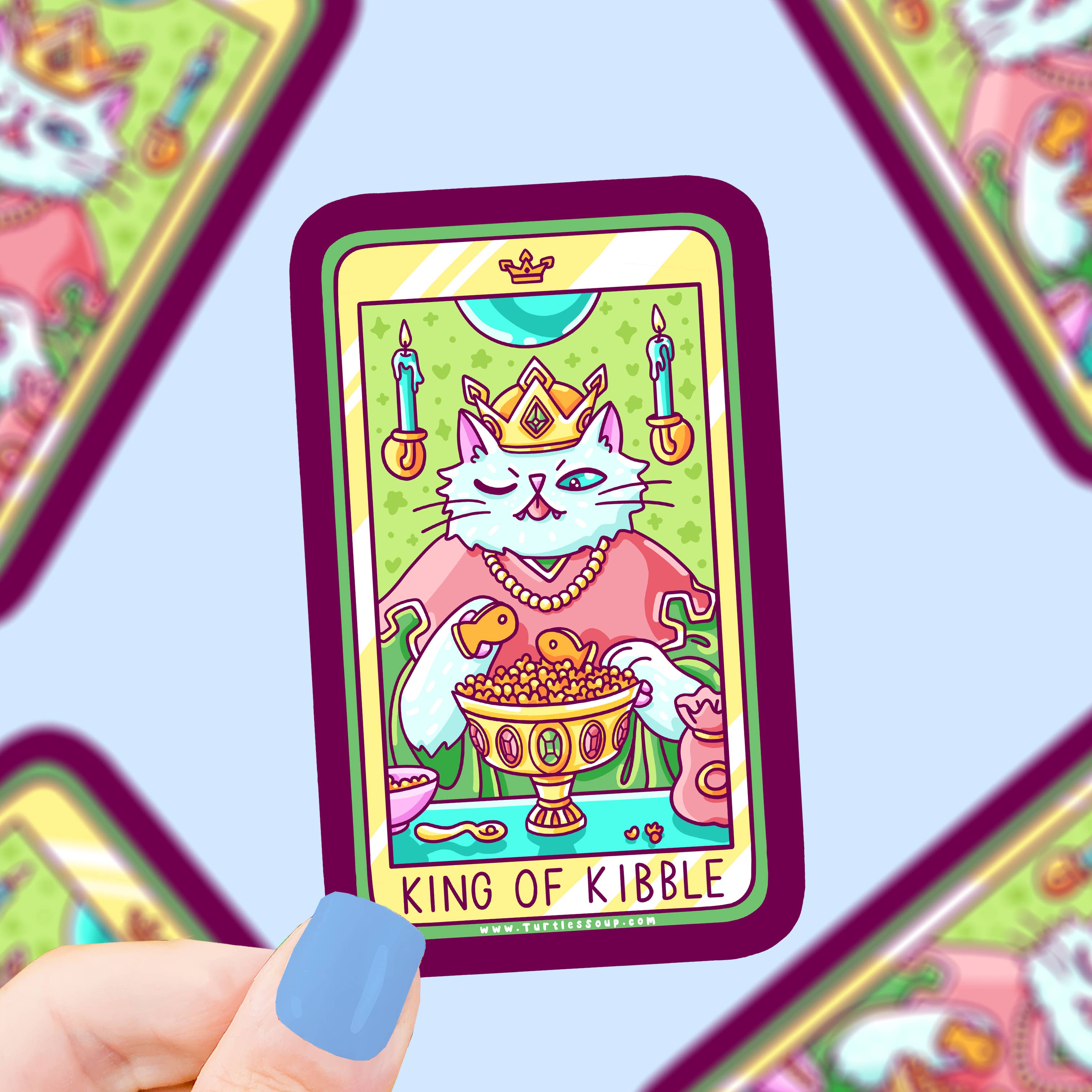 King of Kibble Cat Tarot Card Vinyl Sticker featuring a crowned white cat by Turtles Soup.