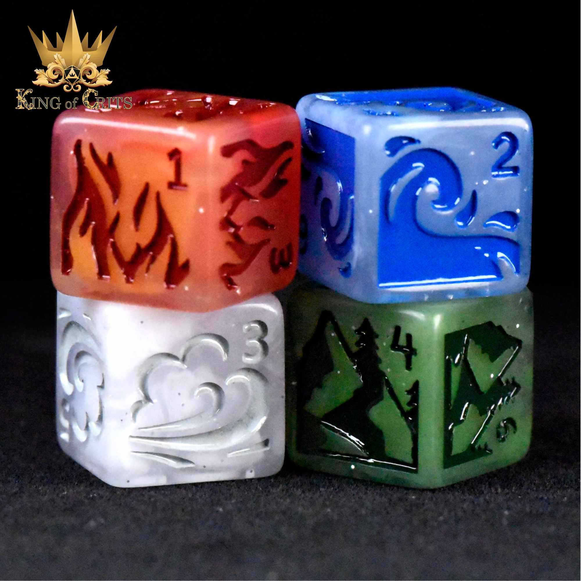 Forces of Nature 4D6 Set with four black resin dice, each showing fire, water, wind, and earth symbols.