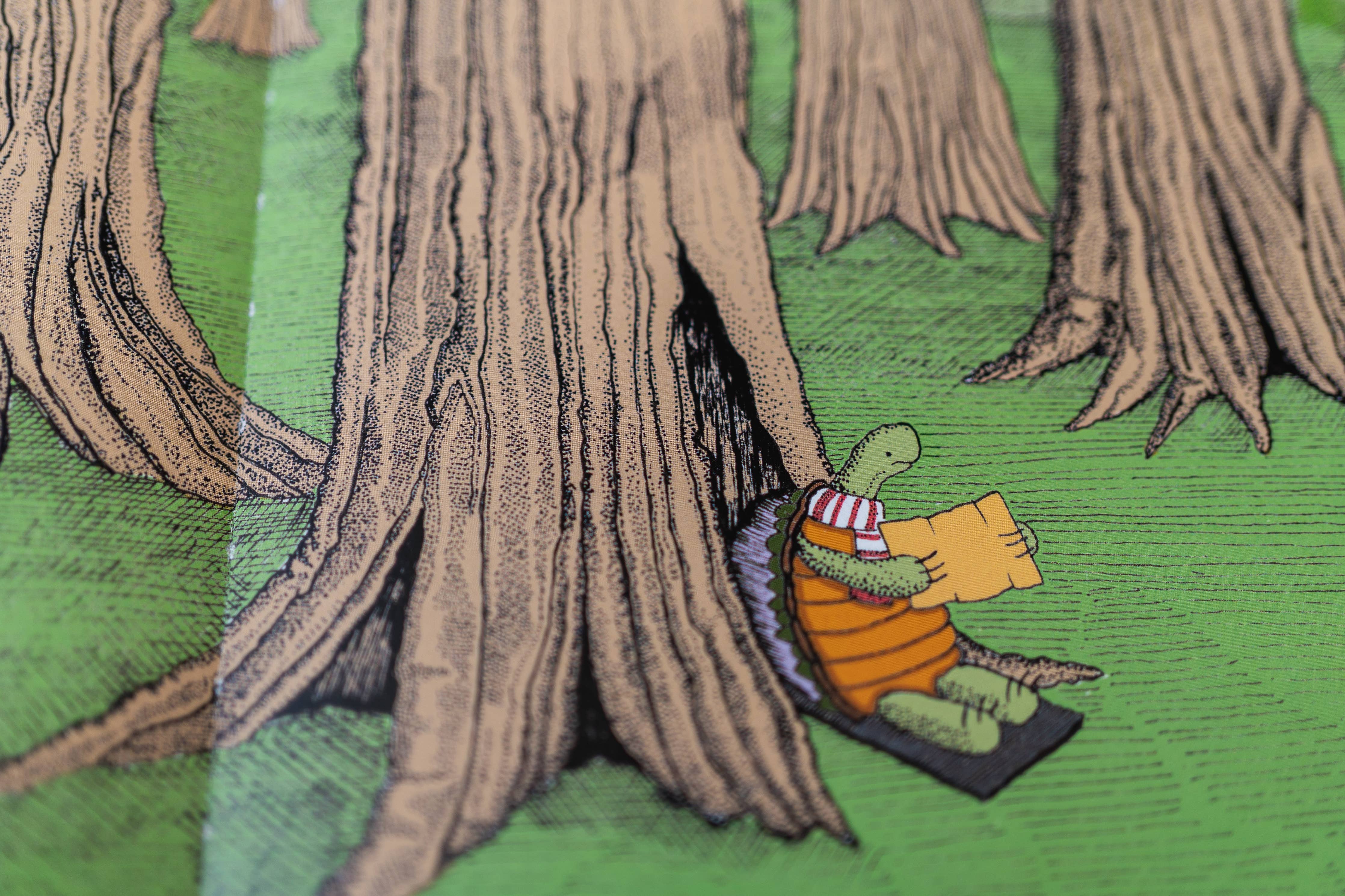The Lord of Maps: Draws a Map book held by a turtle in a striped shirt, seated against a tree in the forest.