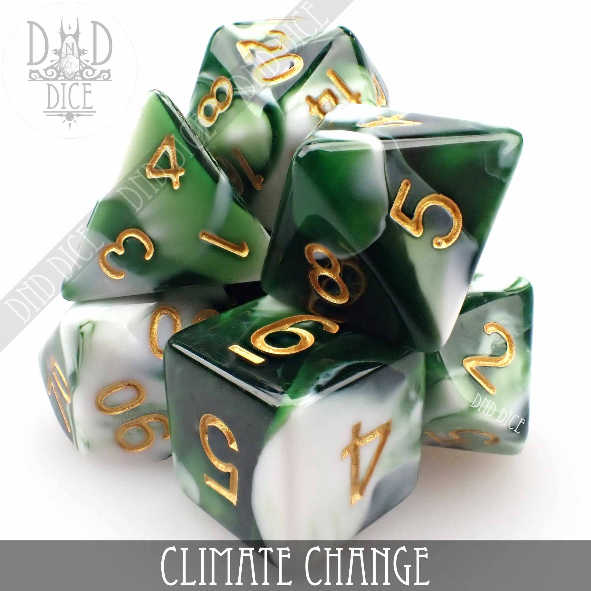 Acrylic dice set in green, white, and black marbled pattern with gold numbers, named Climate Change 7 or 11.
