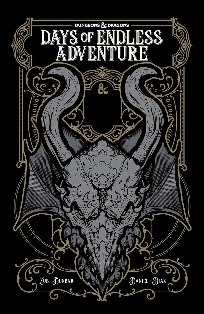Dungeons & Dragons: Days of Endless Adventure book with a black cover featuring a dragon skull and large horns.