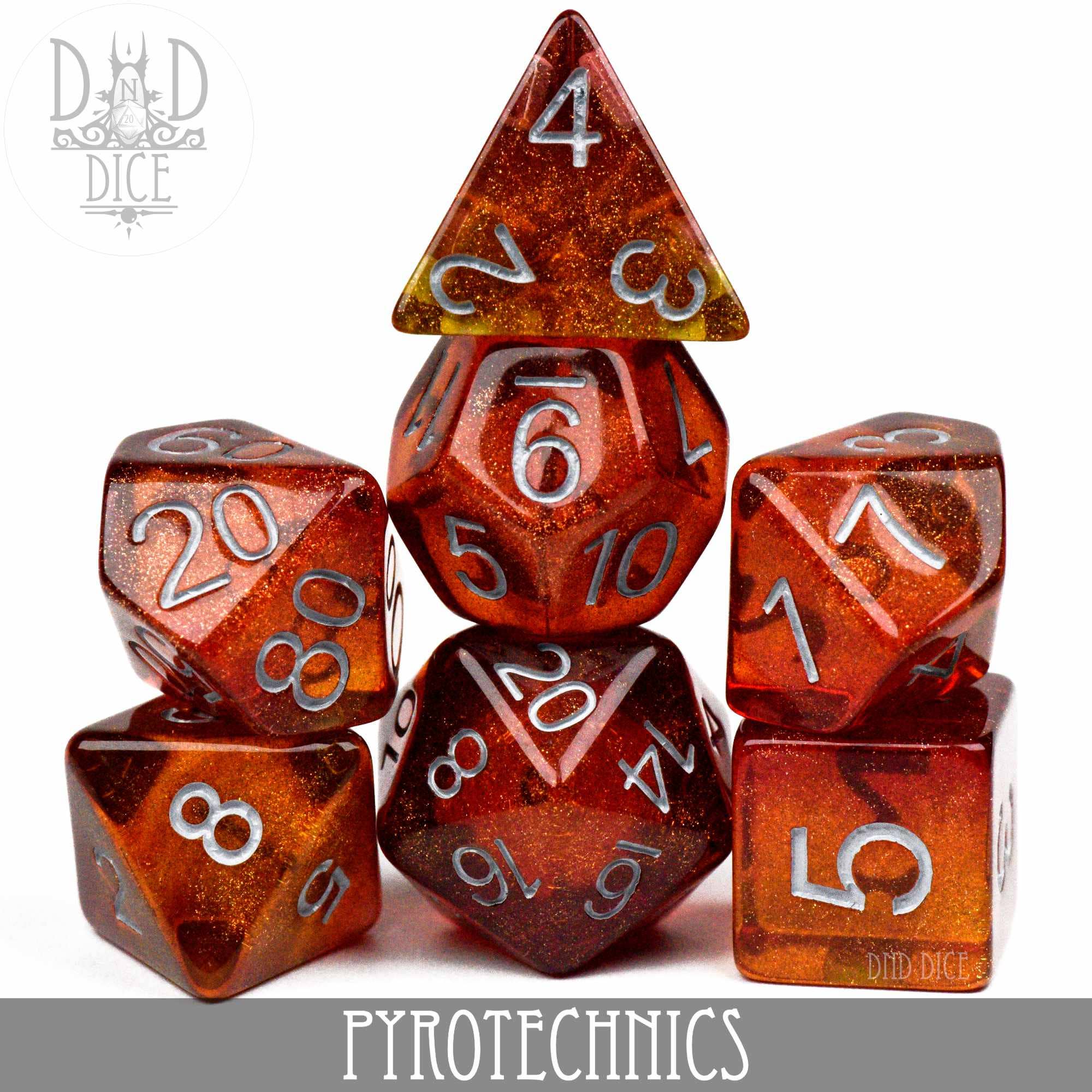 Pyrotechnics 7-piece red resin dice set with white numbers for tabletop gaming.